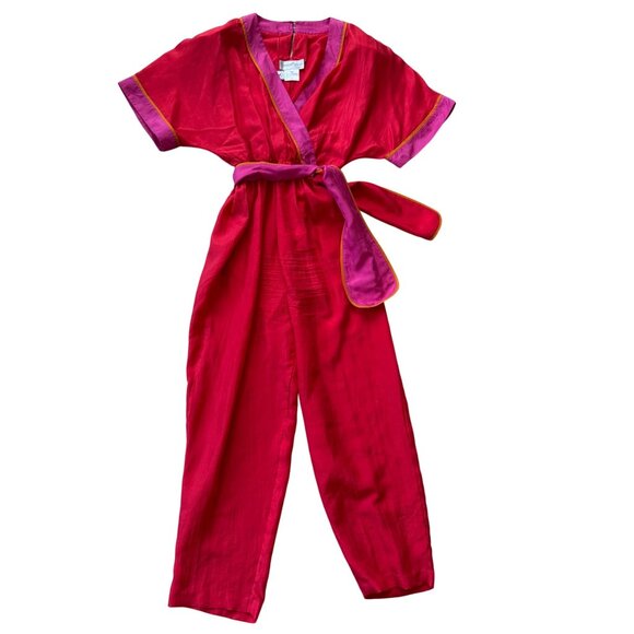 Vintage Stewart Sport Wrap Jumpsuit S Pink & Purple 100% Washable Silk V-Neck Sh - Picture 1 of 10